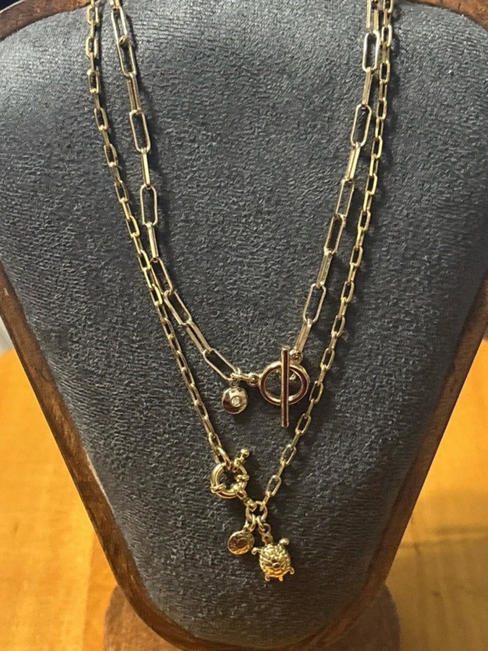 J. Crew Layered Paperclip Chain With Toggle Clasp 2nd Chain With Turtle Charm